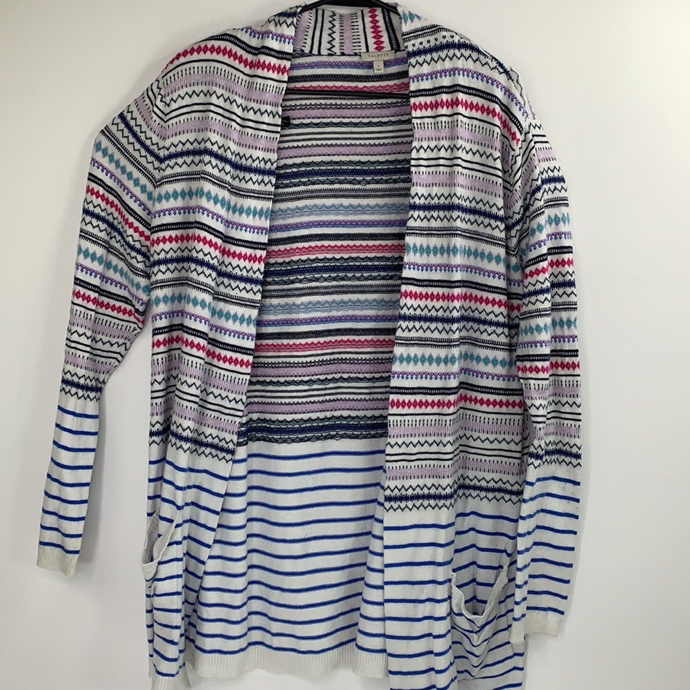 Talbots Womens open front bolero shrug stripes lightweight long sleeve white L.